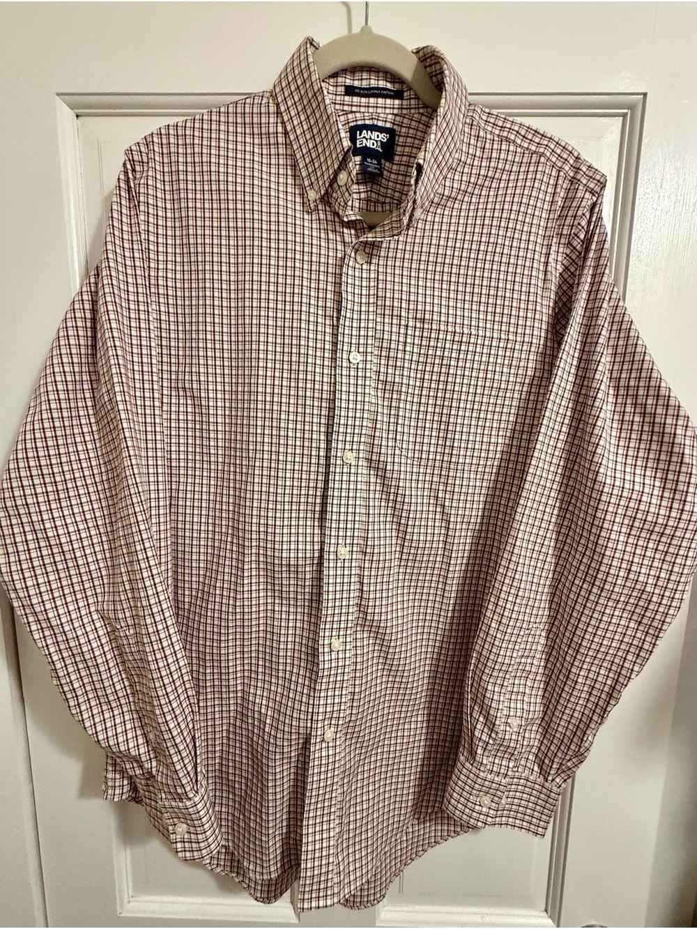 Lands' End Men's Button-Down Plaid Shirt - Cream & Maroon